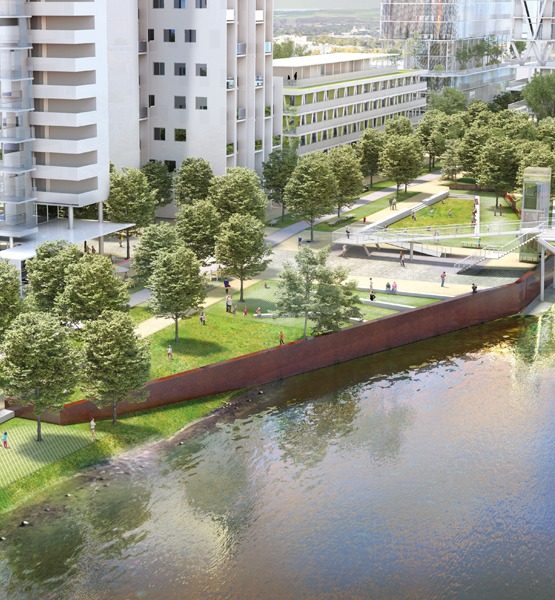 Espace public - rues et places - Quartier fluvial de Huningue sur le bord du Rhin (Haut-Rhin) - SERUE Ingénierie